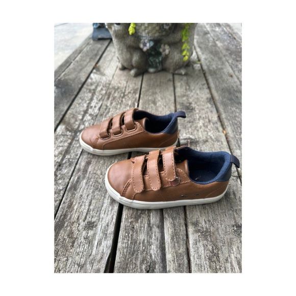 Old navy Sneakers Tan Navy White Sole Triple Strap Hook & Loop Sz 9 Toddler - Picture 4 of 9